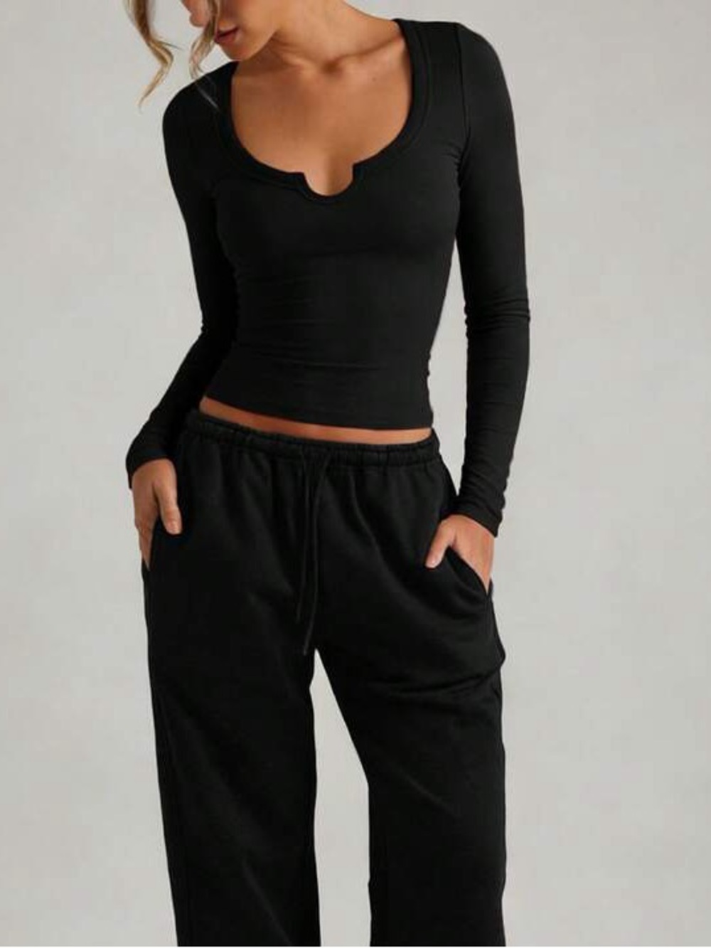 Derek Heart Black Long-Sleeve Notch-Neck Top